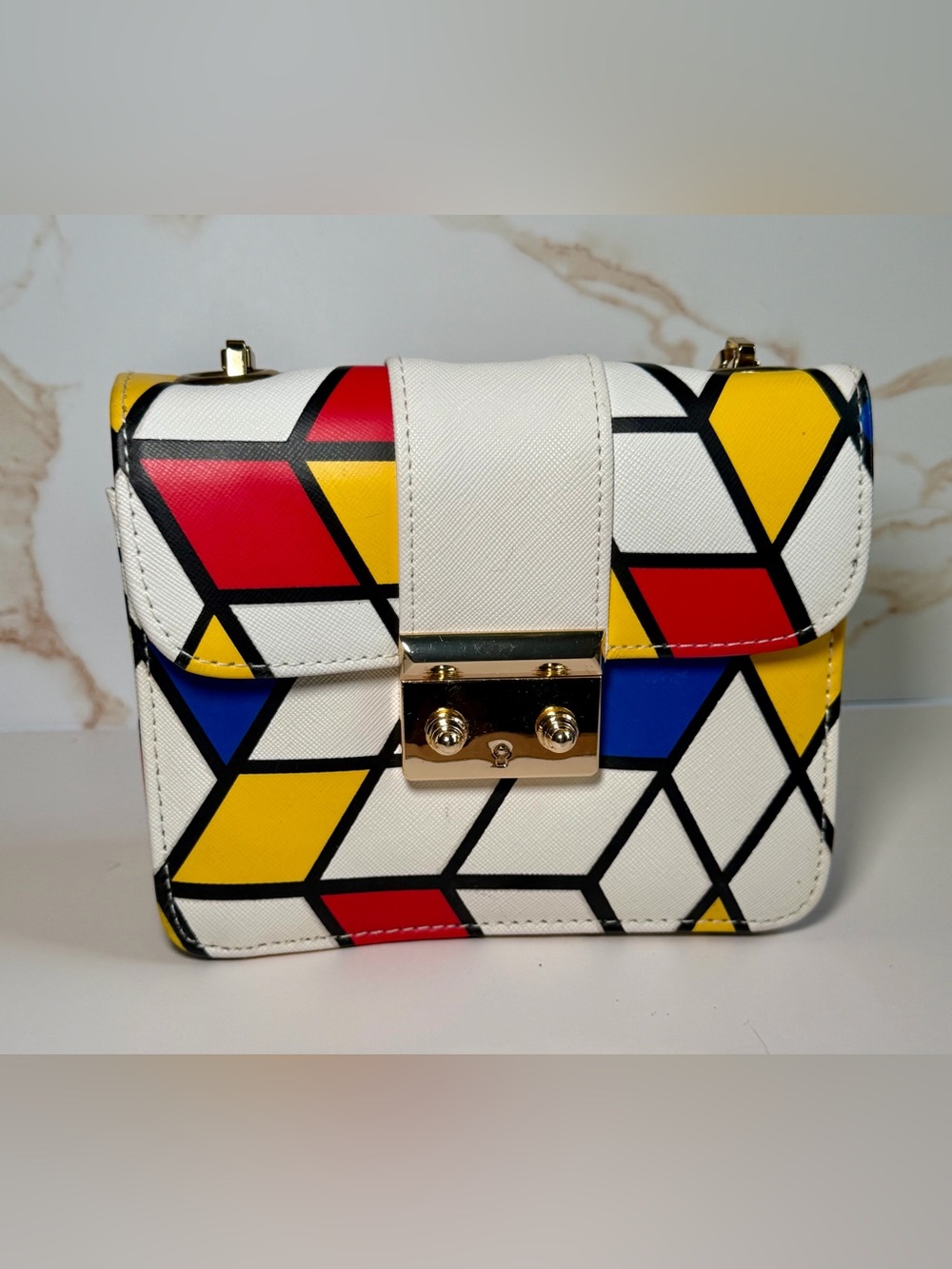 L’Atelier Caesars Geometric Crossbody Bag Mondrian Style Gold Chain Purse